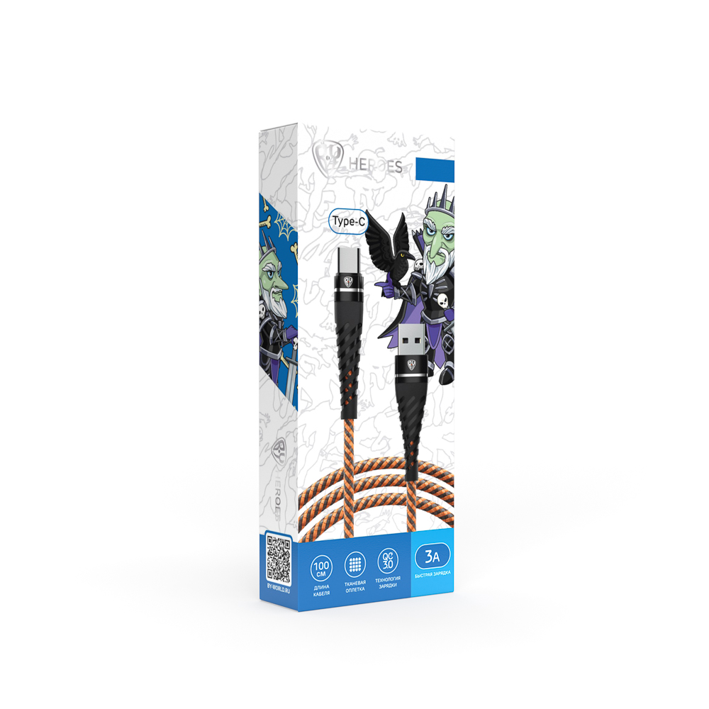 Кабель для зарядки USB(A)-Type C BY Герои, 1м., 2.4А, Быстрая зарядка QC3.0, тканная оплётка, Кощей, арт.№ 931-394