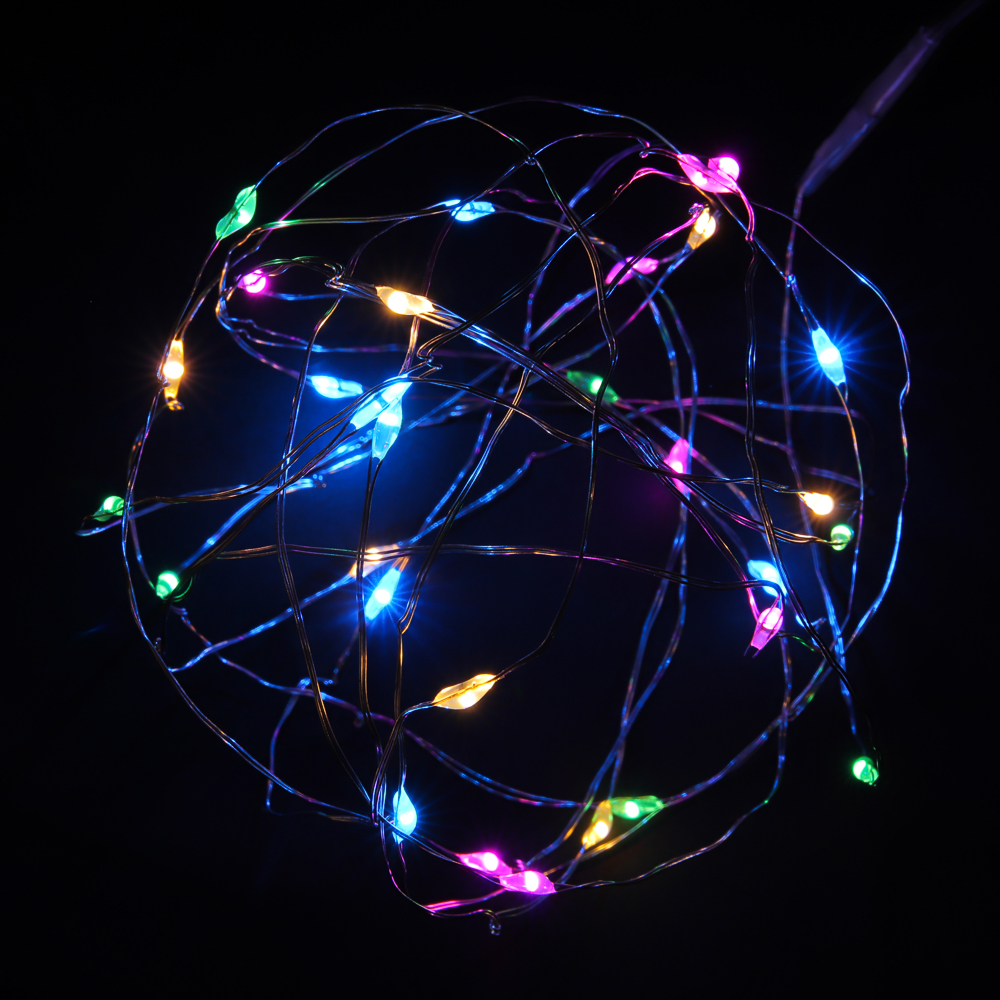 Гирлянда нить росы 3 м СНОУ БУМ, 30 LED ламп, постоянное свечение мульти, проволока серебряный цвет, 2xCR2032, арт.№ 384-336