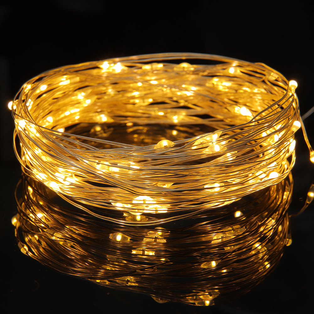 Гирлянда нить росы 10 м СНОУ БУМ, 100 LED ламп, свечение шампань, 8 режимов, проволока серебряный цвет, 3хАА, арт.№ 384-338