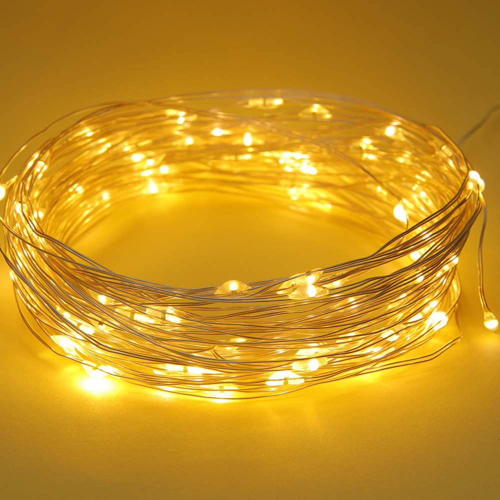 Гирлянда нить росы 10 м СНОУ БУМ, 100 LED ламп, свечение шампань, 8 режимов, проволока серебряный цвет, 3хАА, арт.№ 384-338