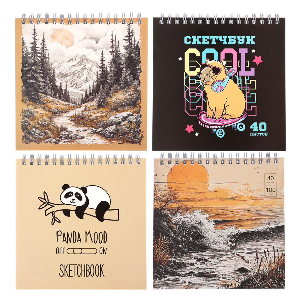 Скетчбук (альбом) 14,5х14,5см, 40л. обл.картон, блок 100г/м2, спираль, тв. подложка, 4 диз., арт.№ 515-069