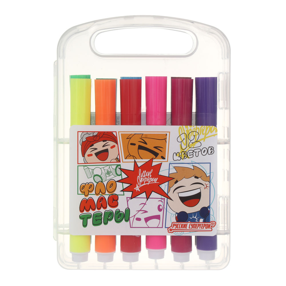 Фломастеры 12цв. BY Русские Супергерои "Каваи", утолщенные, 10,4см., в пласт. боксе с ручкой, арт.№ 801-083