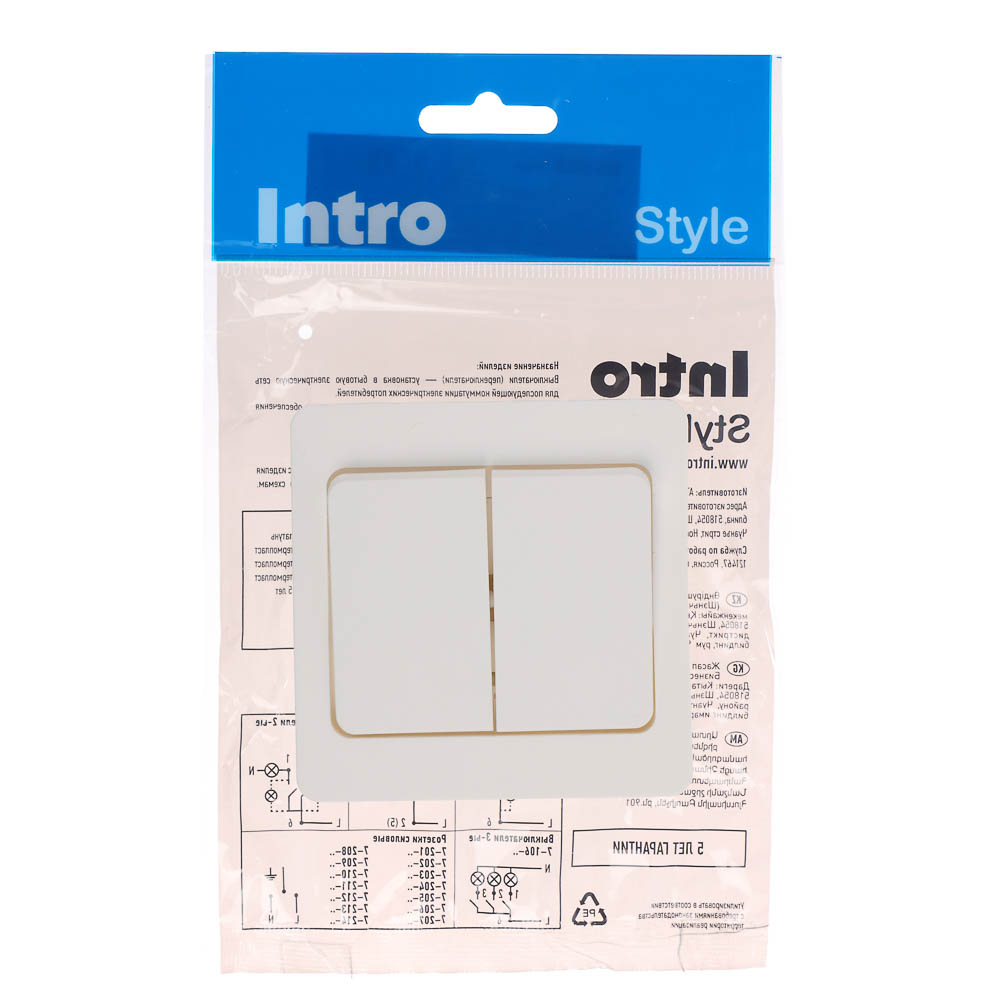 Выключатель двухклавишный скрытой установки Intro Style, 10А-250В, IP20, СУ,7-104-01, белый, арт.№ 904-142