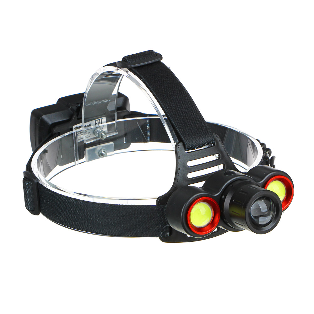 ЕРМАК Фонарь налобный, 1 LED + 2 COB, с фокусировкой, 2*1200мАч, 4 режима, пластик, арт.№ 221-023