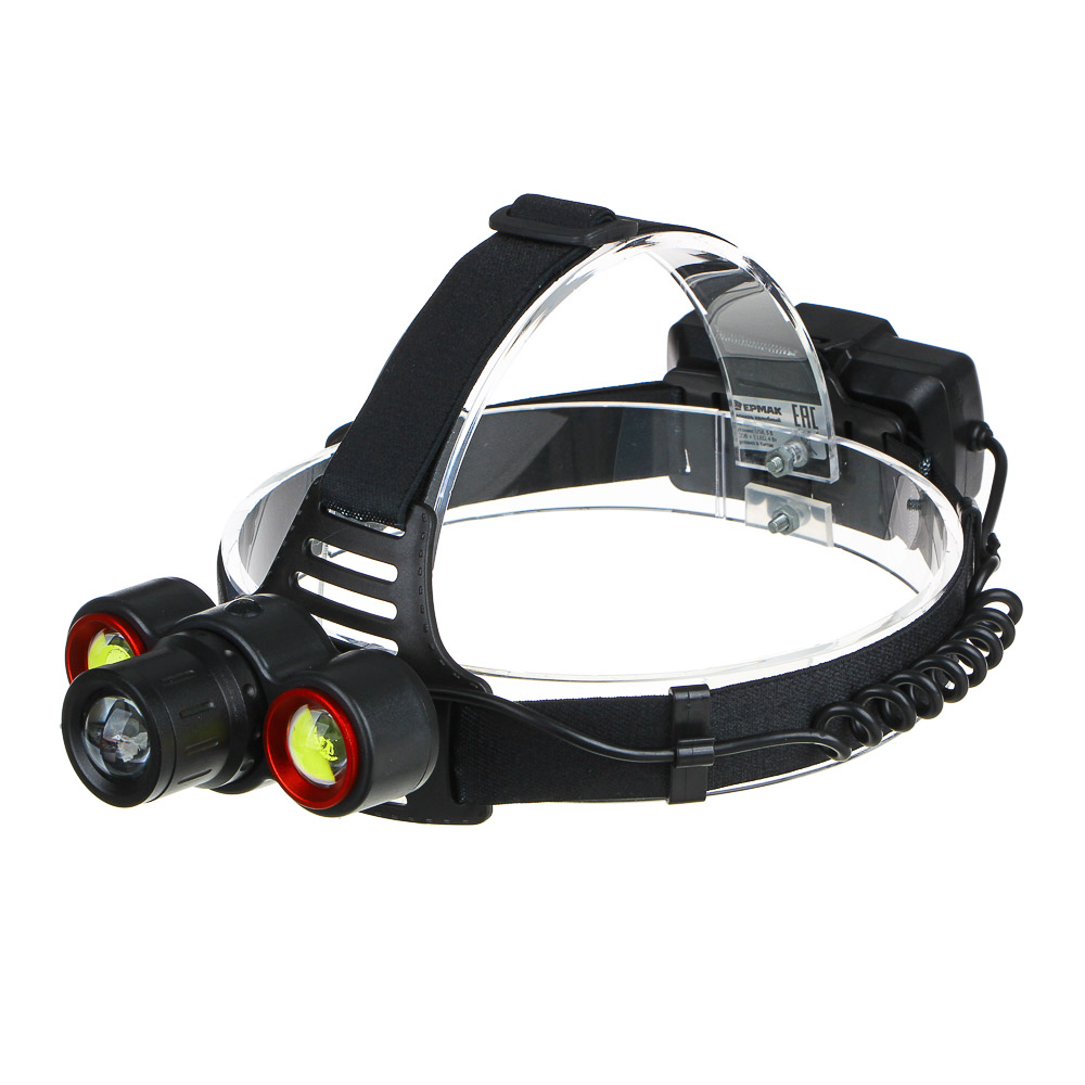 ЕРМАК Фонарь налобный, 1 LED + 2 COB, с фокусировкой, 2*1200мАч, 4 режима, пластик, арт.№ 221-023