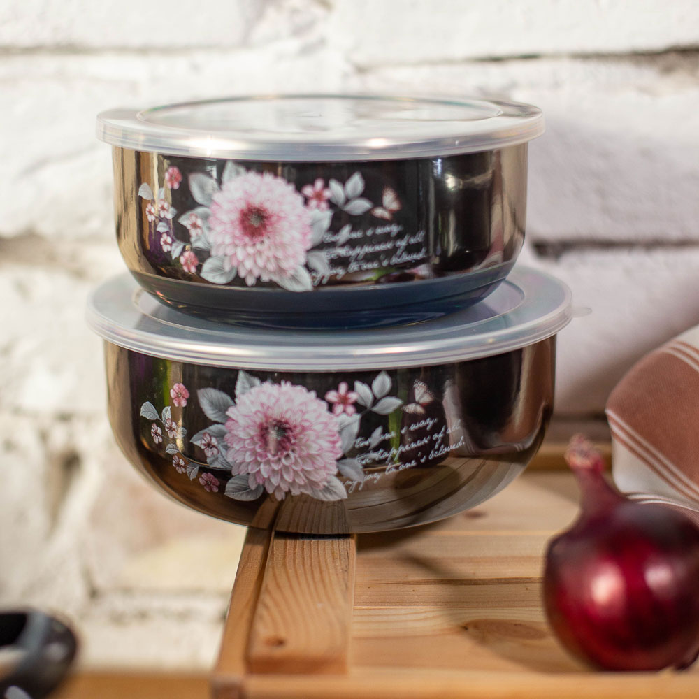 Иллюзия Георгина Набор эмал. салатников с крышками, 6пр. (14/16/18см, 0,7/1,1/1,4л), черн.перлам., арт.№ 894-334