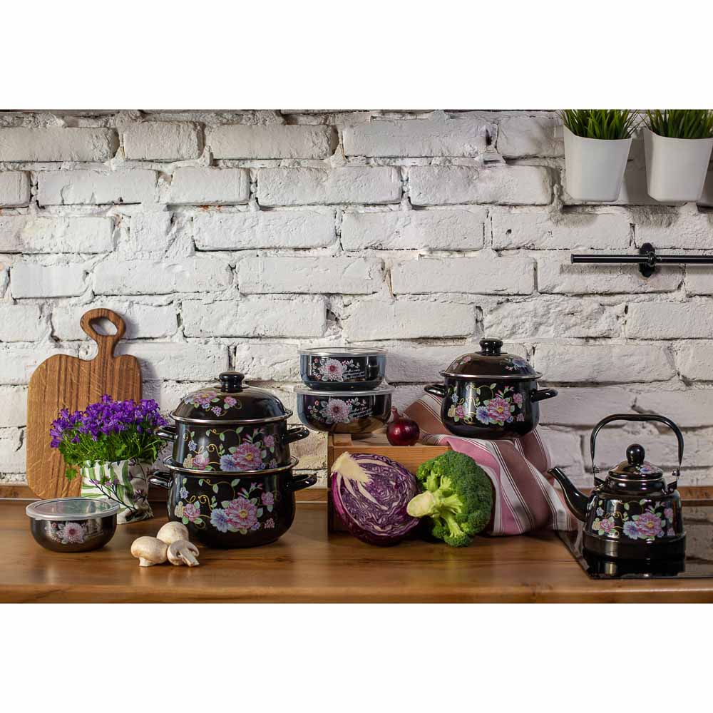 Иллюзия Георгина Набор эмал. салатников с крышками, 6пр. (14/16/18см, 0,7/1,1/1,4л), черн.перлам., арт.№ 894-334