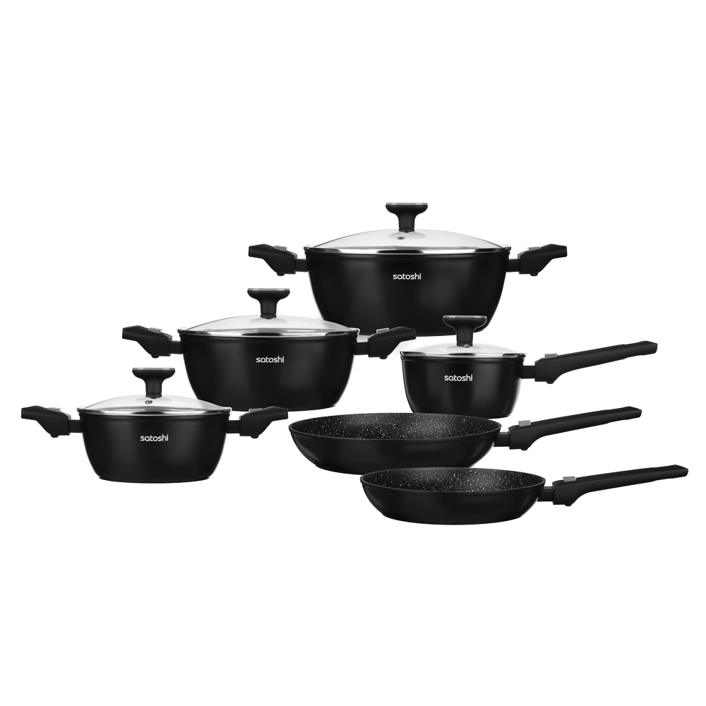 Набор посуды 19 предметов SATOSHI Оникс, кастрюли 20 см, 24 см, 28 см (2,3 л, 3,8 л, 5,7 л), ковш 16 см (1,3 л), сковорода 24 см, 28 см, индукция, арт.№ 846-749