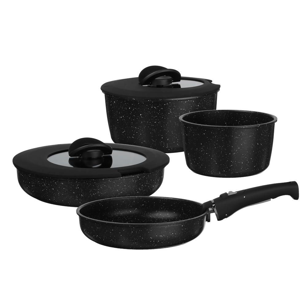 Набор посуды SATOSHI Нера 7 предметов сковороды 24 см, 26 см; ковш 1,7 л; кастрюля 2,8 л; крышки, съемные ручки, а/п покрытие мрамор, индукция, арт.№ 846-751