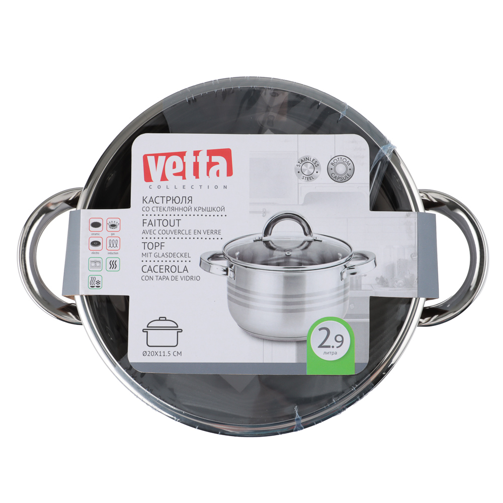 VETTA Фултон Кастрюля 20х11,5см, 2,9л, со стекл. крышкой, индукция, арт.№ 822-113