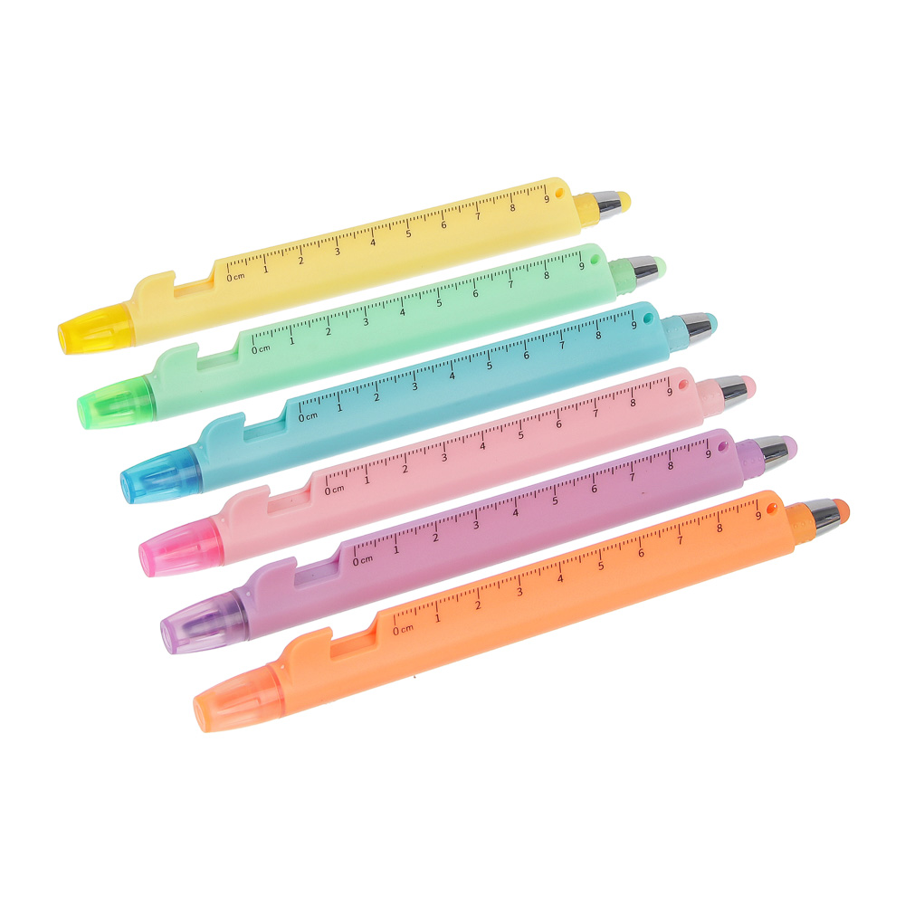 Маркер-выделитель 5 в 1 (ручка шариковая синяя, подставка, стилус, линейка), 6 цветов, арт.№ 613-139