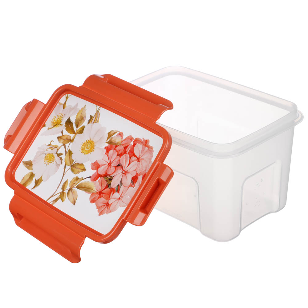 Контейнер для продуктов прямоугольный с защелками 1,1л, Цветы, пластик, арт.№ 861-430