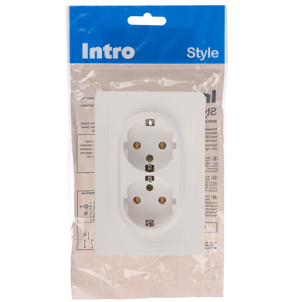 Розетка Intro Style двойная с заземлением 2X2P+E Schuko 16А-250В IP20 СУ белый, арт.№ 904-144