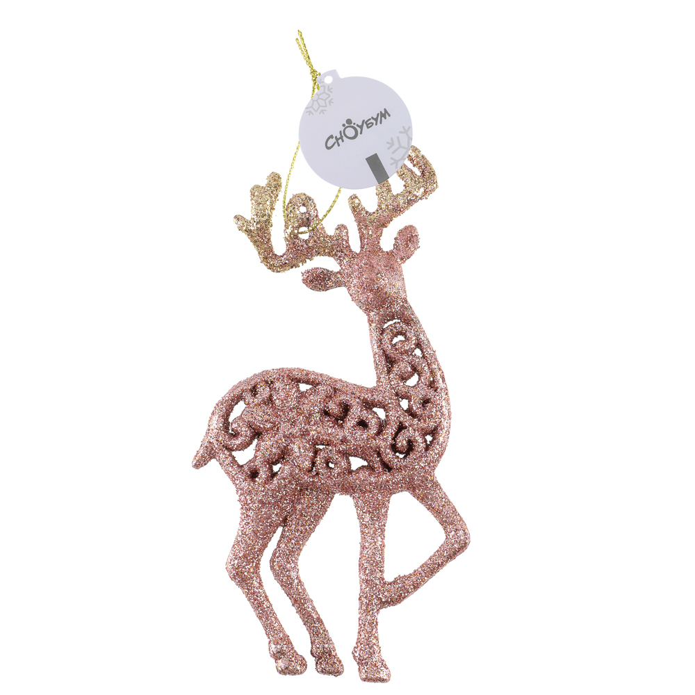 СНОУ БУМ Подвеска декоративная "Олень" 14 см, пластик, глиттер, розовое золото, 2 дизайна, арт.№ 374-626
