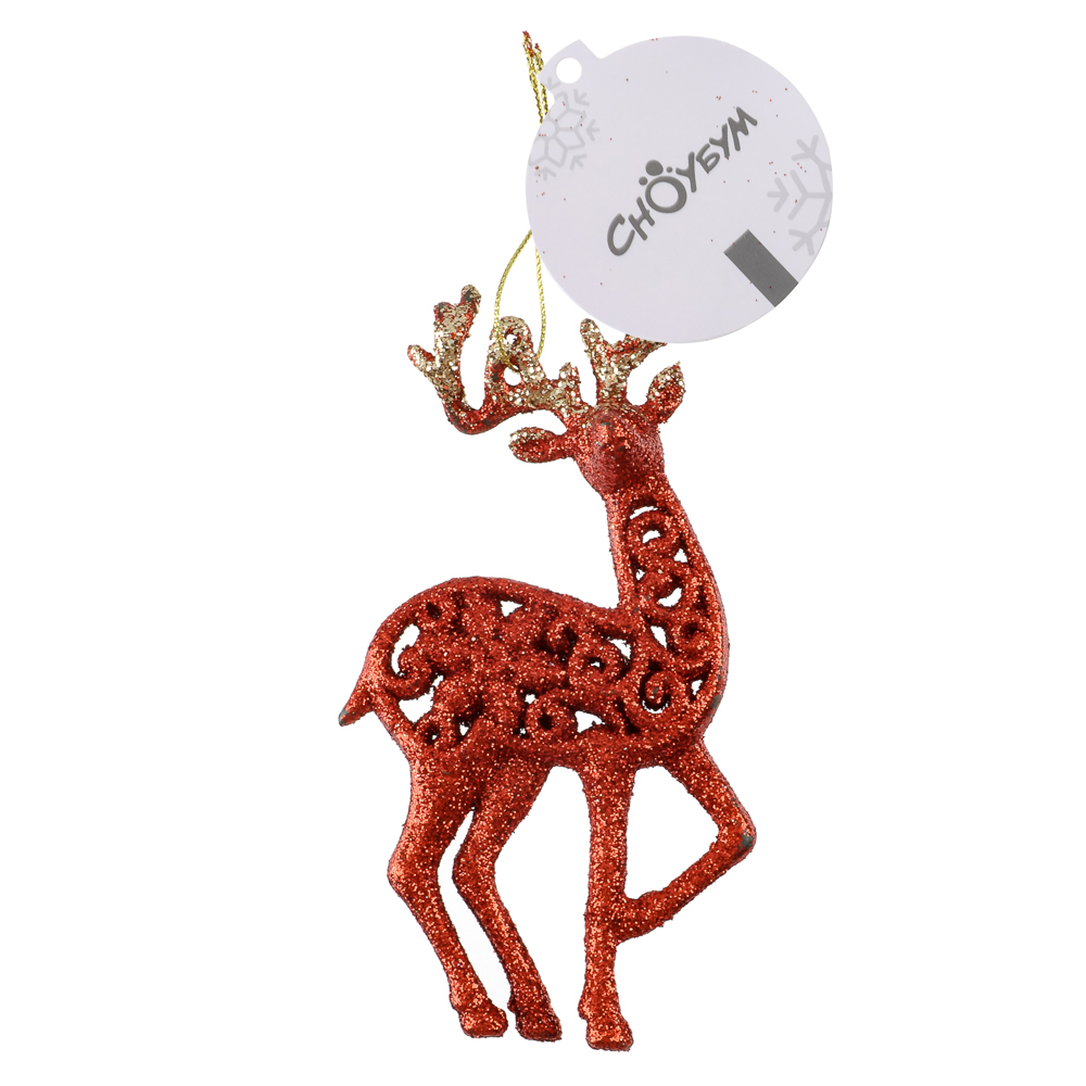 СНОУ БУМ Подвеска декоративная "Олень" 14 см, пластик, глиттер, красный, 2 дизайна, арт.№ 374-627