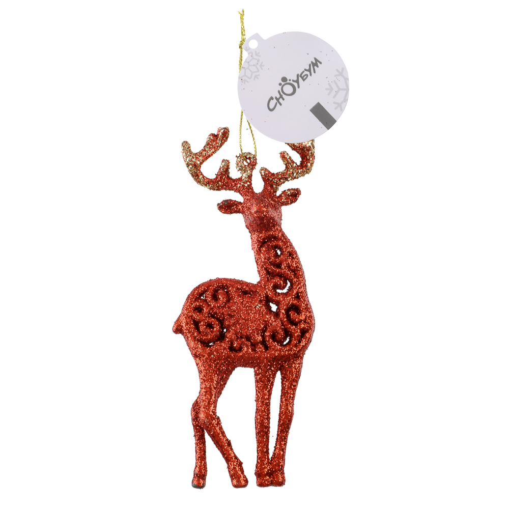 СНОУ БУМ Подвеска декоративная "Олень" 14 см, пластик, глиттер, красный, 2 дизайна, арт.№ 374-627