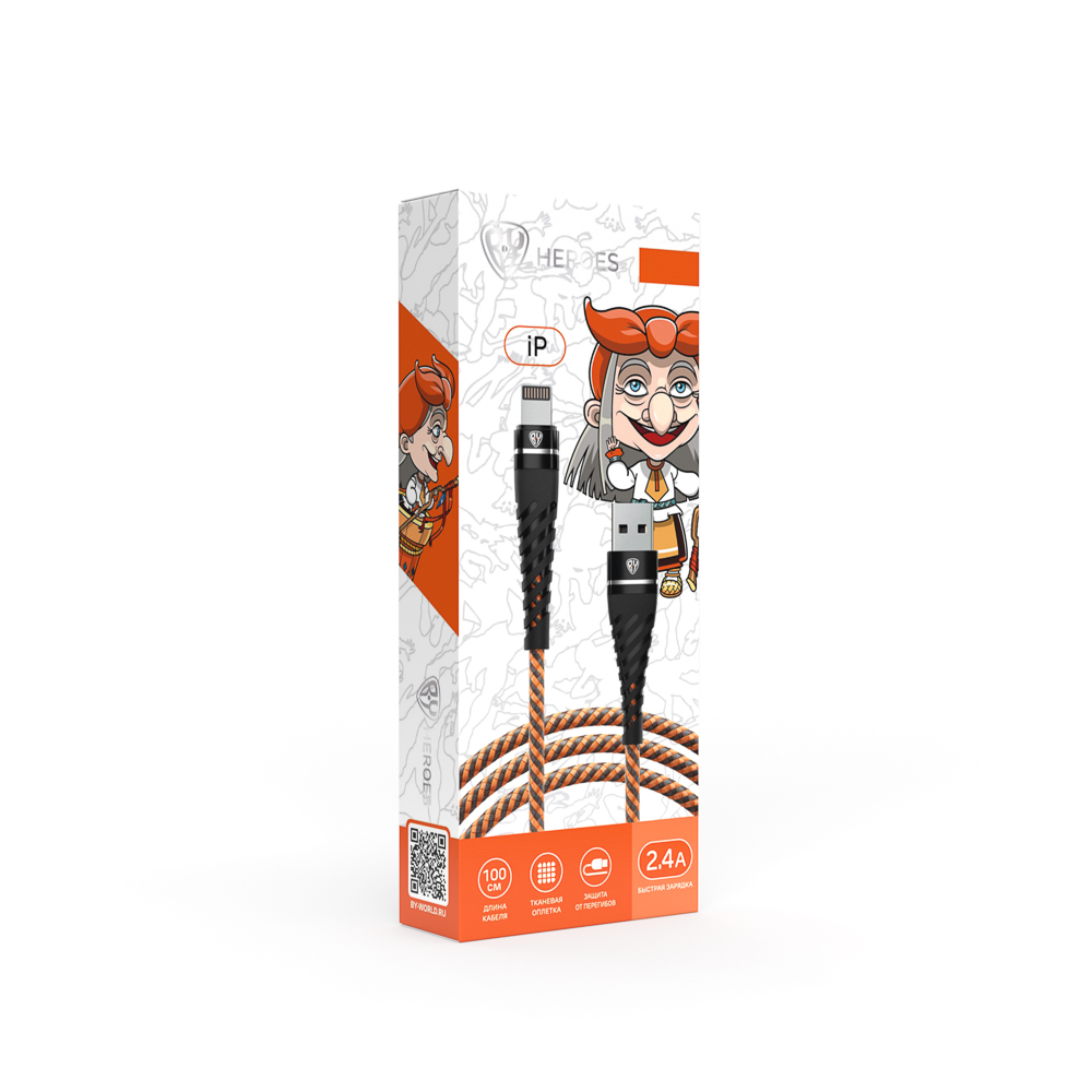 Кабель для зарядки USB(A)-iP BY Герои, 1м., 2.4А, Быстрая зарядка, тканная оплётка, Баба Яга, арт.№ 931-388