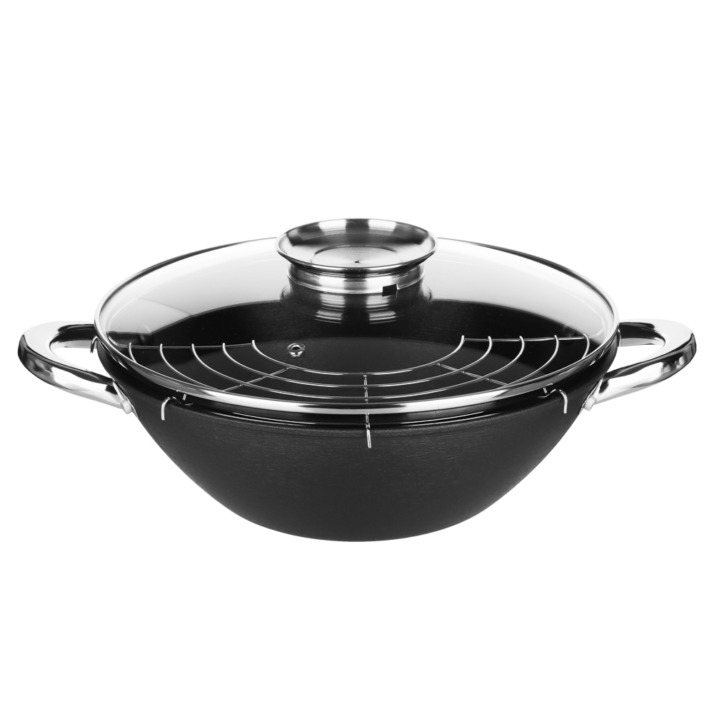 Казан 5,6 л чугун 32 см SATOSHI, антипригарное покрытие, ручка нержавеющая сталь, решетка, стеклянная крышка, лопатка нейлон, бамбуковые палочки, арт.№ 808-038