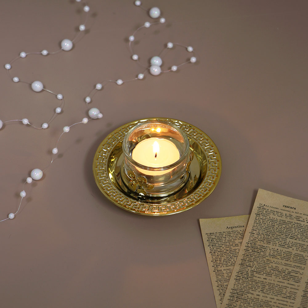 Подсвечник металлический со стеклянным стаканом для одной свечи, 10х10х3 см, арт.1, арт.№ 477-149