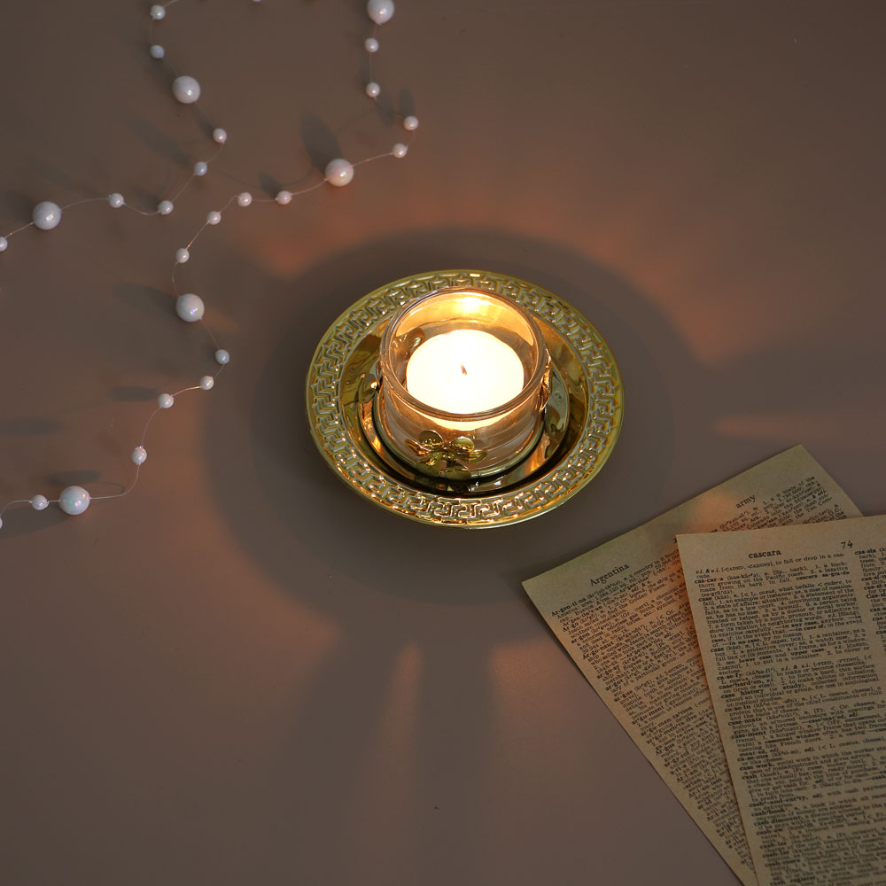 Подсвечник металлический со стеклянным стаканом для одной свечи, 10х10х3 см, арт.1, арт.№ 477-149