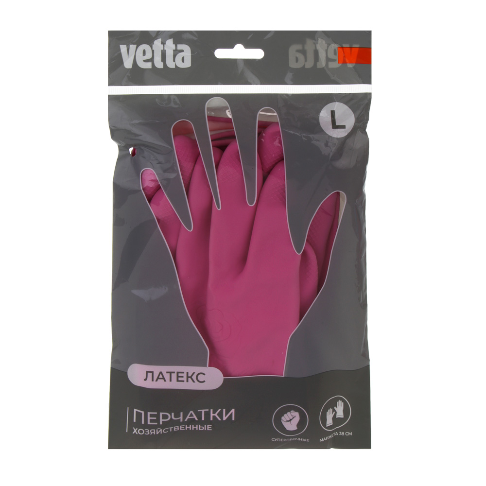 Перчатки с манжетой тм VETTA, размер L, 38см, пара 100г, латекс, розовый цвет, арт.№ 447-062