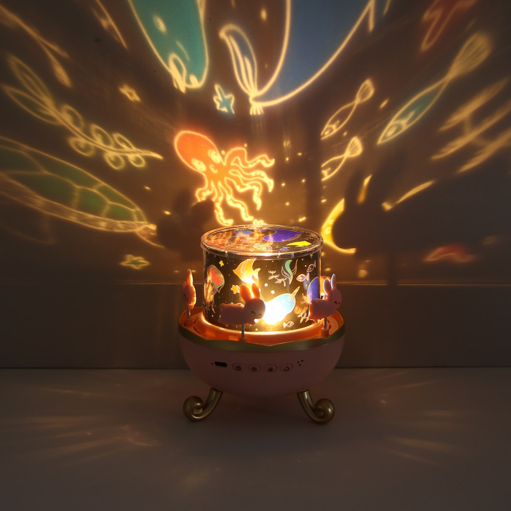 Светильник-ночник проектор BY Карусель, колонка Bt 3Вт, 6 проекций, акб. 1200mAh, USB 5В, розовый, арт.№ 476-458