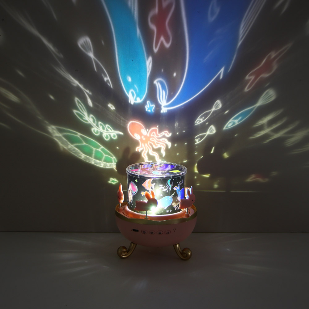 Светильник-ночник проектор BY Карусель, колонка Bt 3Вт, 6 проекций, акб. 1200mAh, USB 5В, розовый, арт.№ 476-458