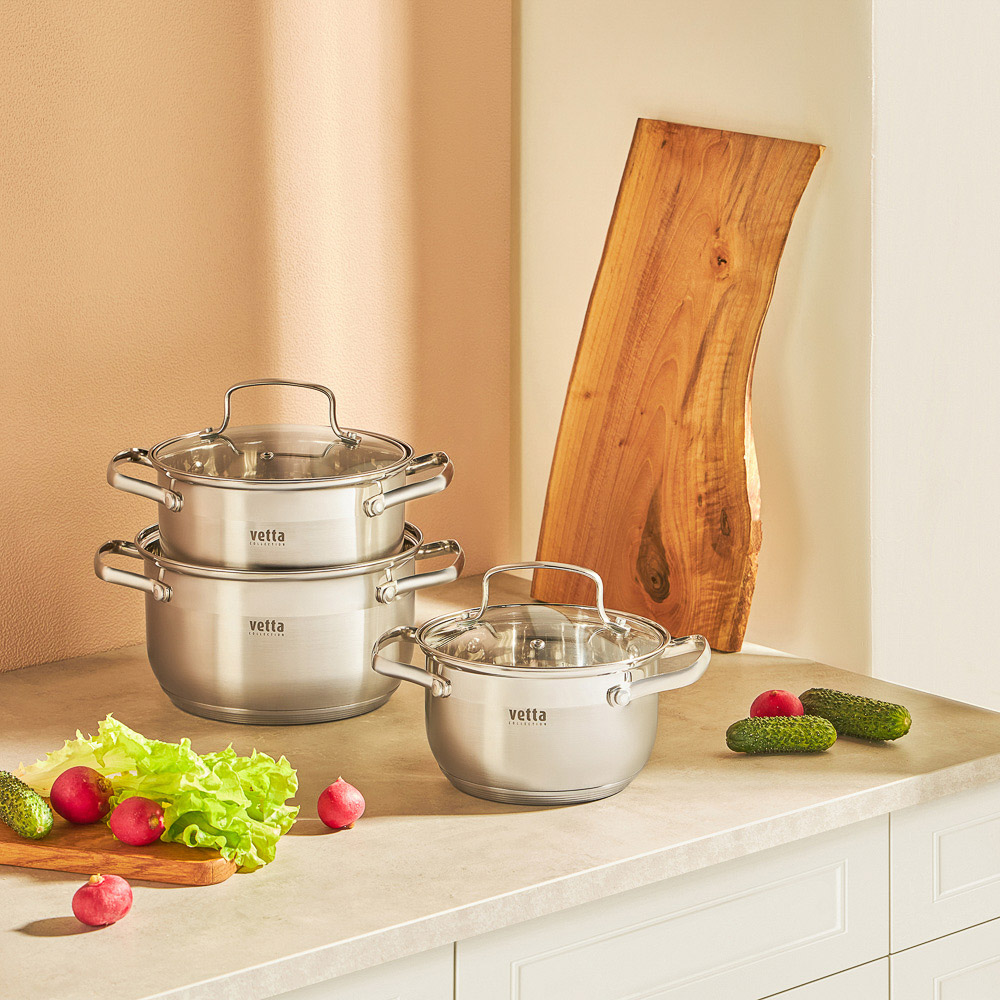 VETTA Берн Набор кастрюль 6 пр (1,9л+2,6л+3,5л) со стекл. крышкой, индукция, арт.№ 822-125