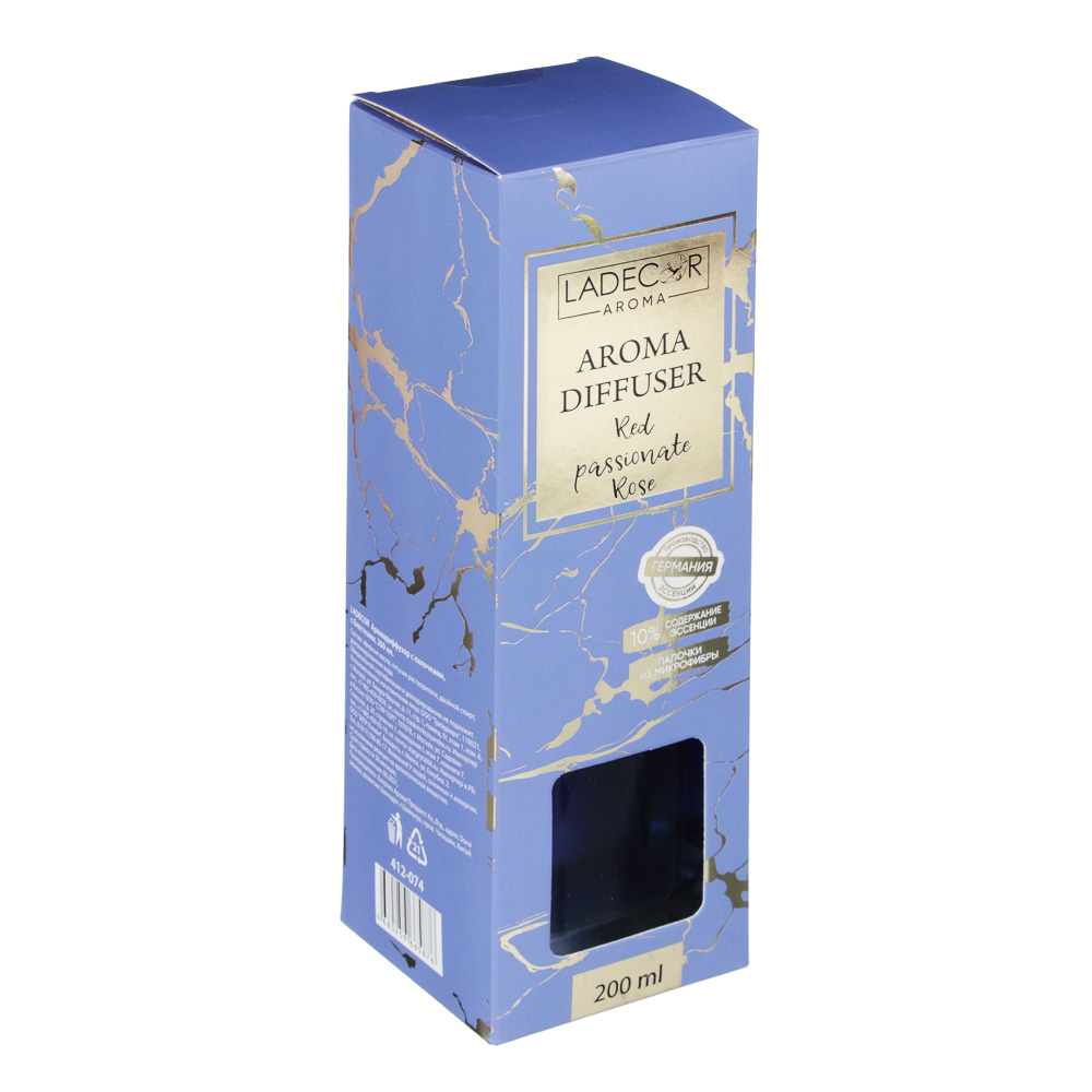 LADECOR Аромадиффузор с палочками, с блестками, 200 мл, 4 аромата, арт.№ 412-074