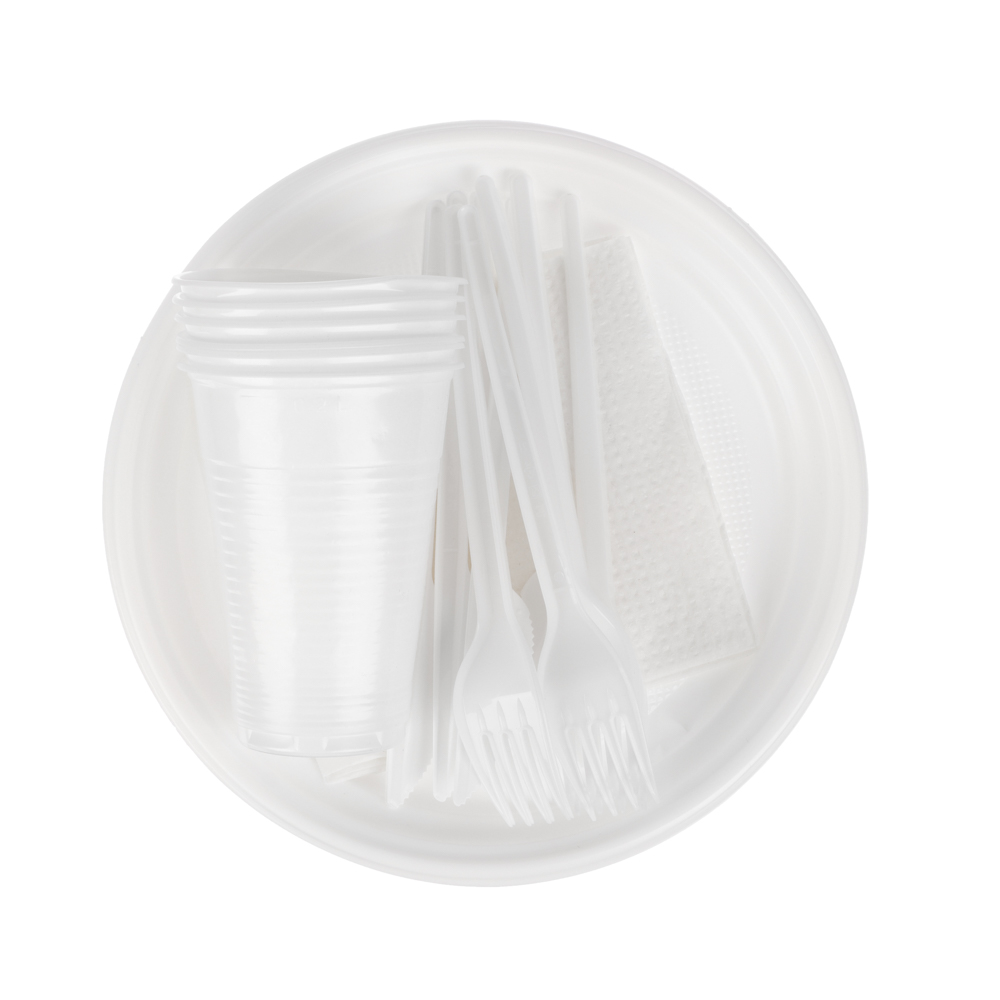 Набор на 6 персон окрашенный тм VIP (тарелка 205 мм; стакан 200 мл; вилка; нож; салфетка) полистирол, арт.№ 438-274