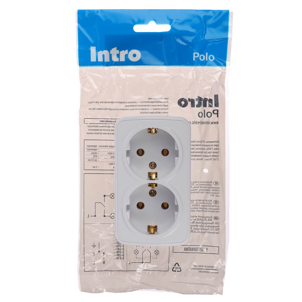 Розетка Intro Polo/Quadro двойная с заземлением 2х2P+E Schuko 16А-250В IP20 ОУ белый, арт.№ 904-145