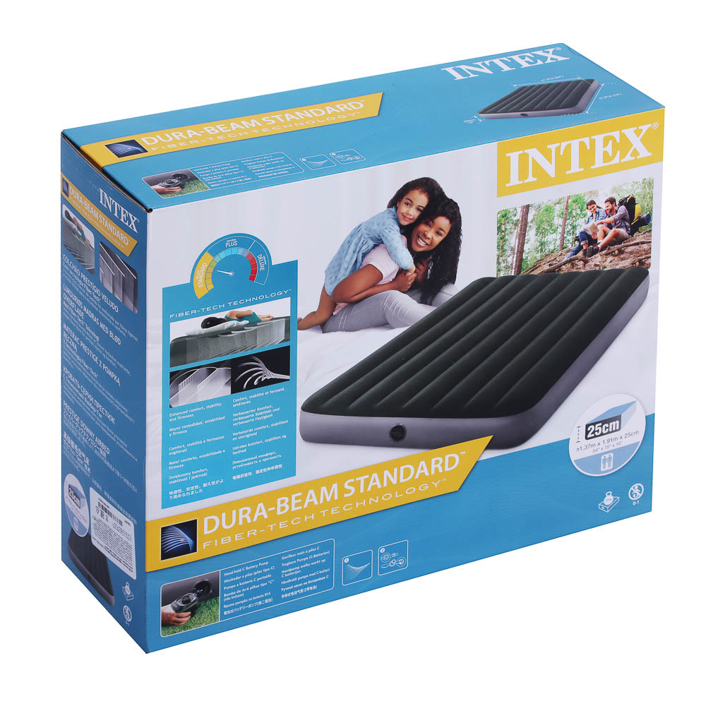 INTEX Матрас надувной DOWNY BED FULL, (fiber-tech), насос на батарейках, 137x191x25см, ПВХ, 64778, арт.№ 108-057