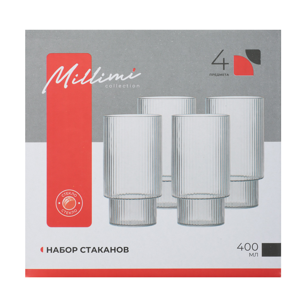 MILLIMI Набор стаканов Астра 400 мл, 4 шт, стекло, рифленый, арт.№ 878-617