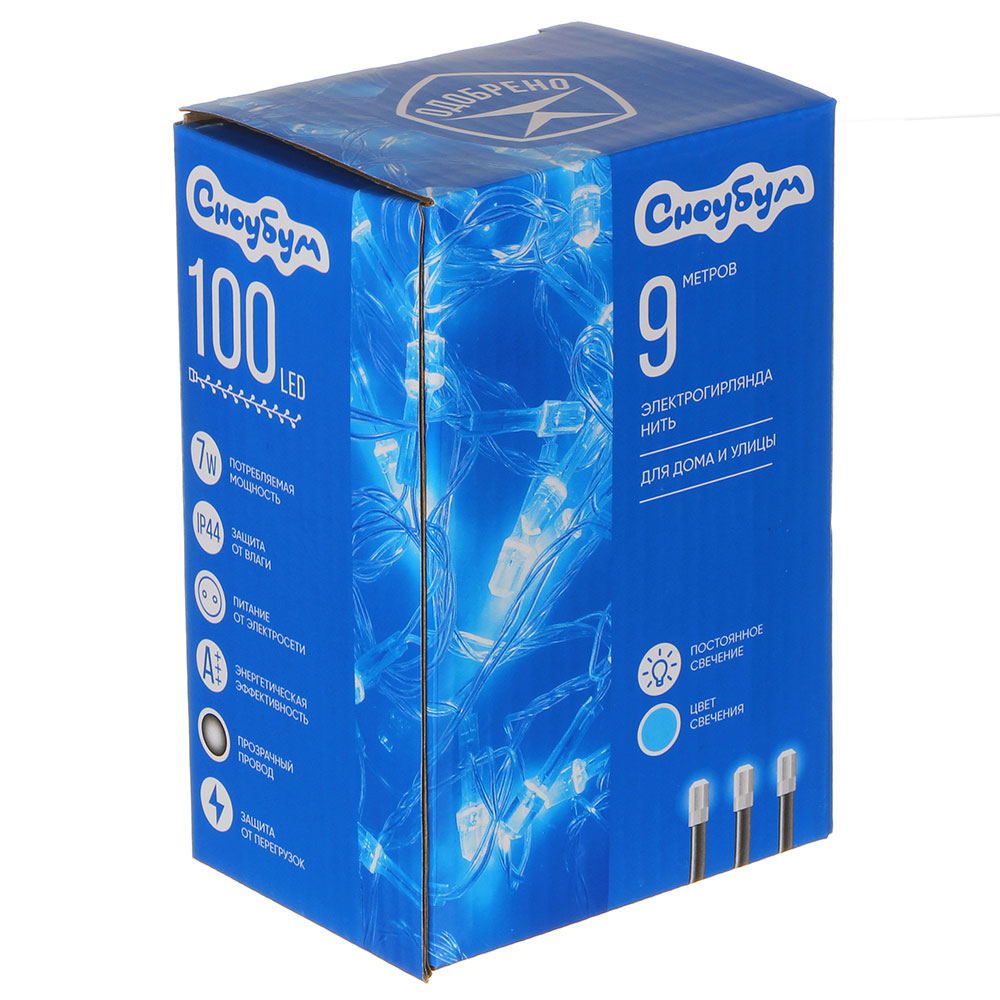 СНОУ БУМ Гирлянда эл. вьюн 9м, 100LED-алмаз,голубой, пост. свечение, ПВХ прозр., коннектор, 220В, арт.№ 351-489