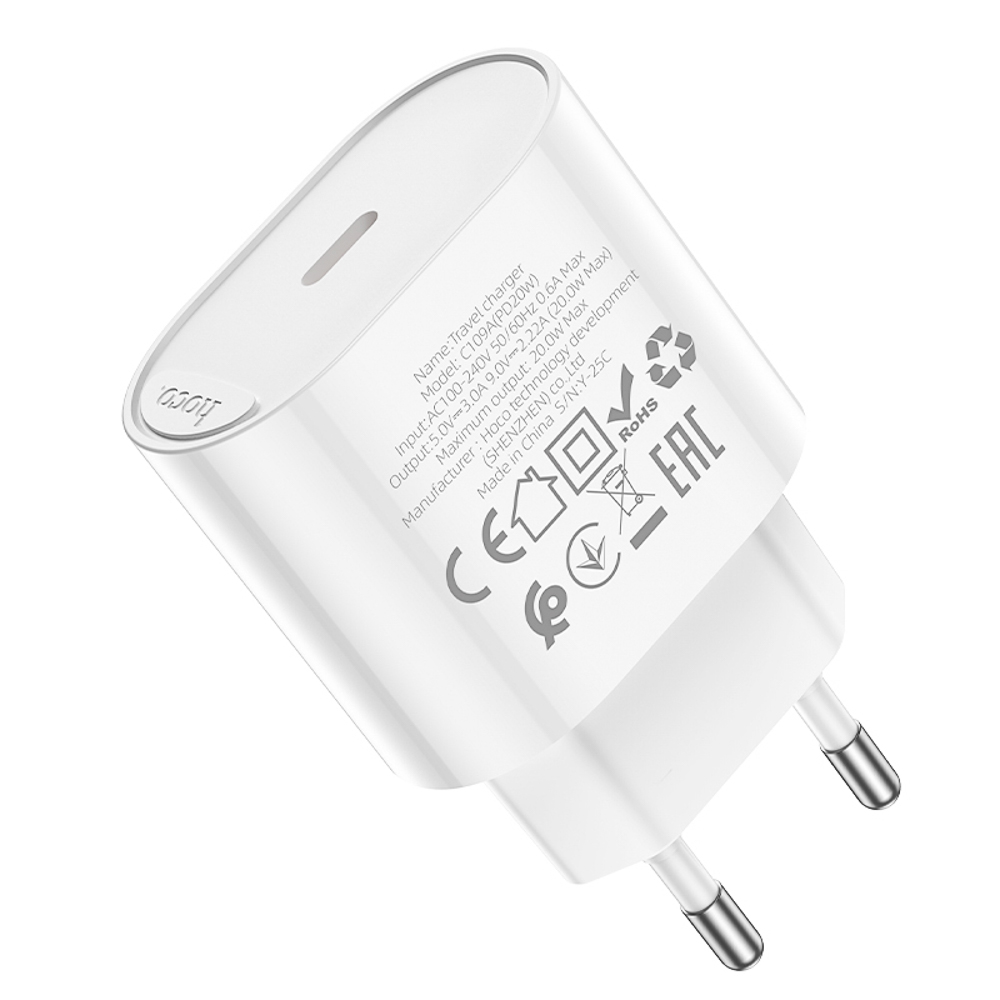 Сетевое зарядное устройство hoco. модель C109A, USB-С PD 20W, цвет: белый, арт.№ 916-278