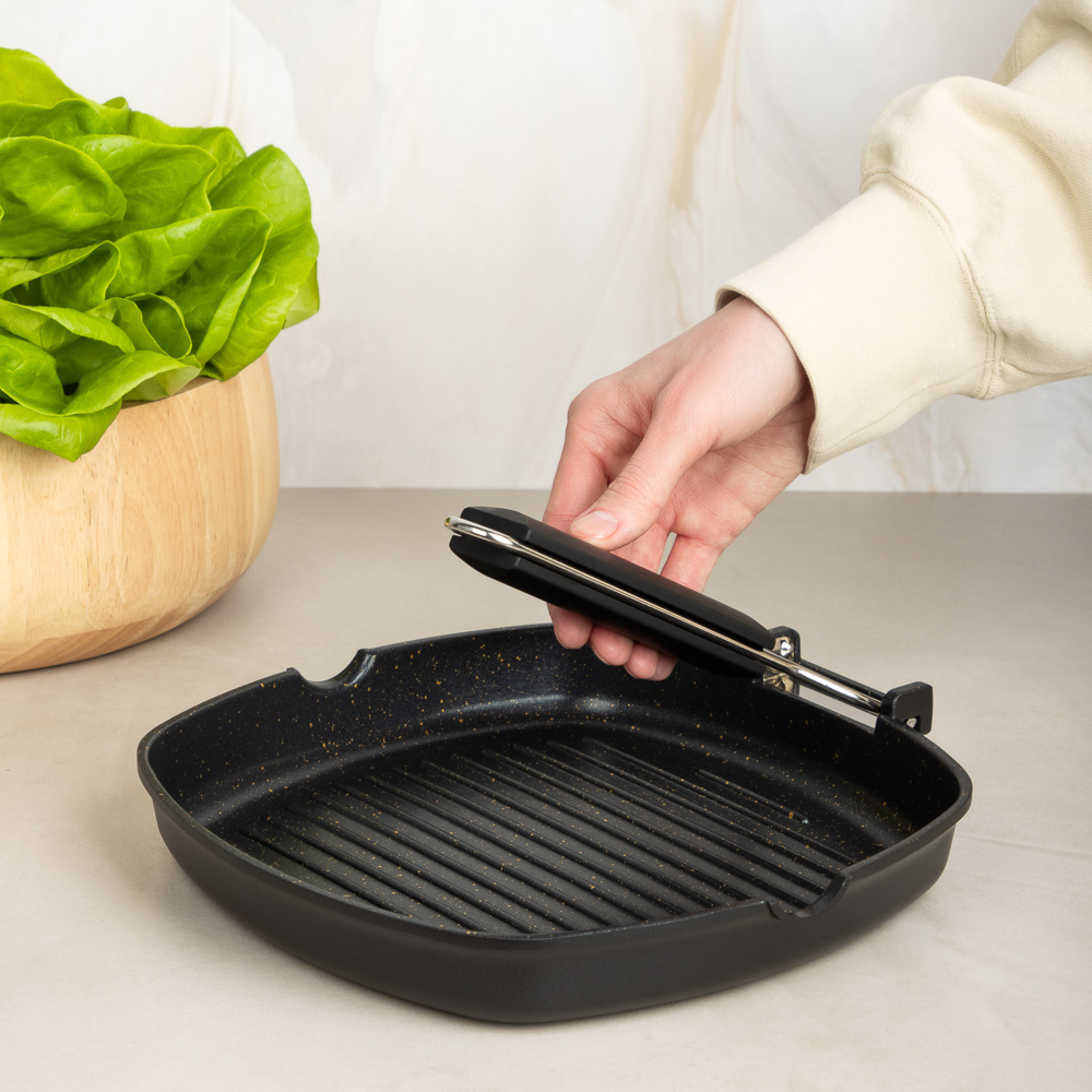 SATOSHI Кобальт Сковорода-гриль литая а/приг. покр. Мрамор, 24х24см, индукция, складная ручка, арт.№ 846-384