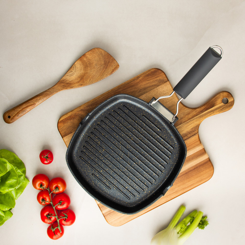 SATOSHI Кобальт Сковорода-гриль литая а/приг. покр. Мрамор, 24х24см, индукция, складная ручка, арт.№ 846-384