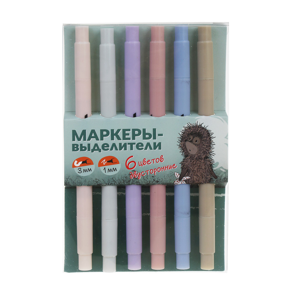 Ежик в Тумане Набор маркеров-выделителей 2-стор, 6 цв. "пастель" након.скош.3мм/круг 1мм, пласт.бокс, арт.№ 805-044