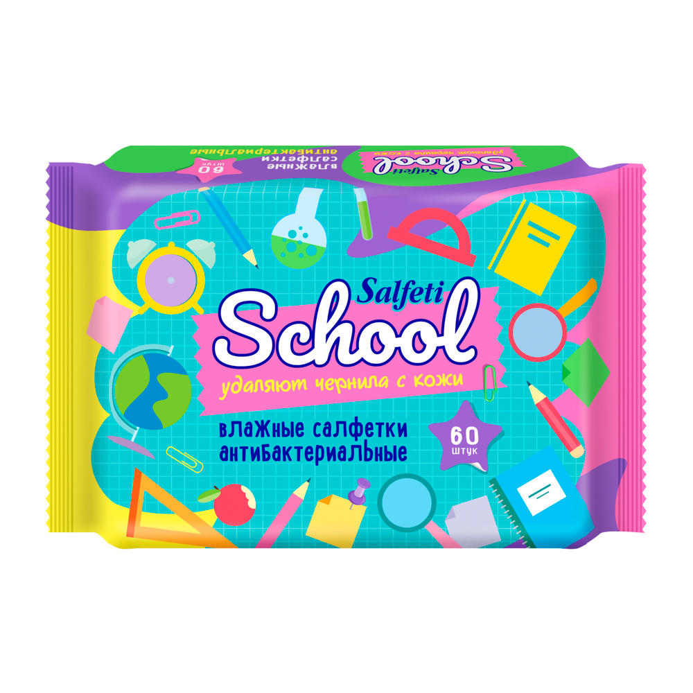 Влажные салфетки Salfeti School, антибактериальные, п/э, 60шт, арт.№ 914-055