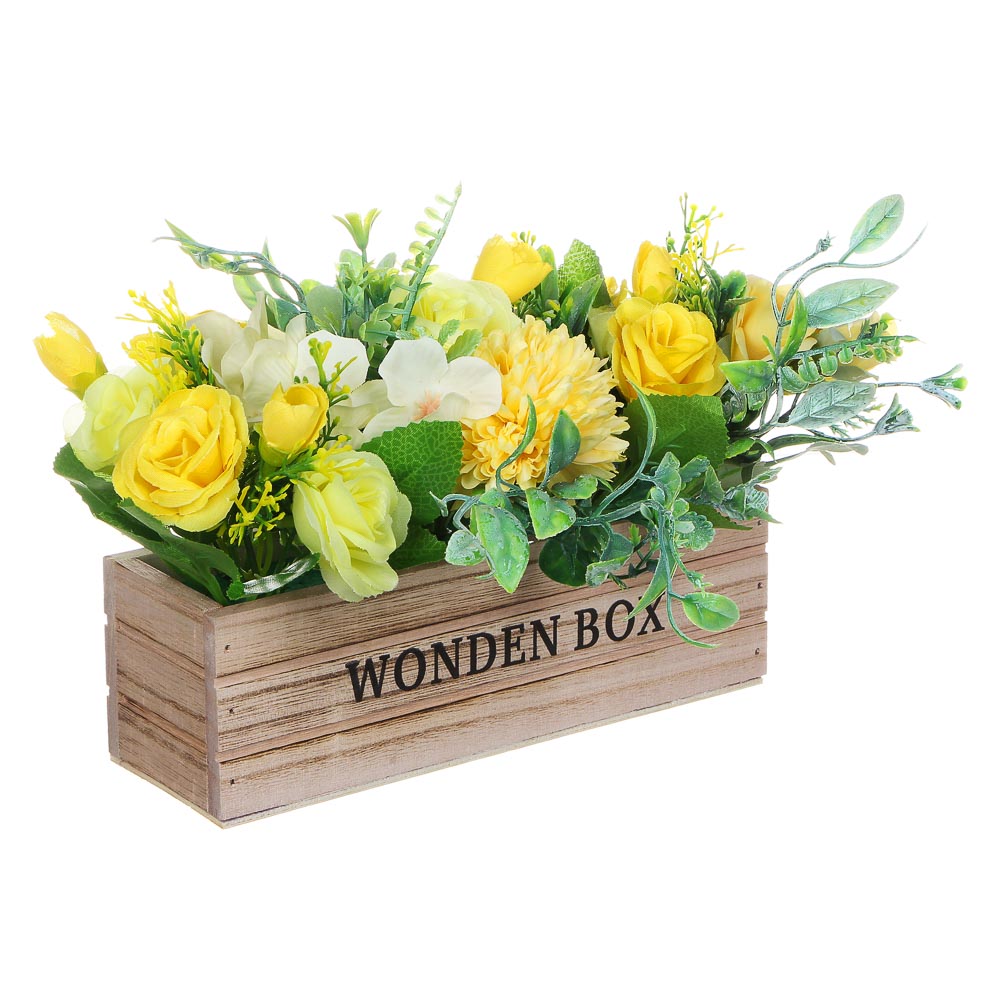 LADECOR Цветочная композиция в деревянном кашпо, 4 цвета, 20х16 см, арт.№ 501-496