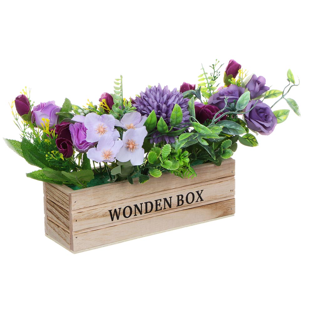 LADECOR Цветочная композиция в деревянном кашпо, 4 цвета, 20х16 см, арт.№ 501-496