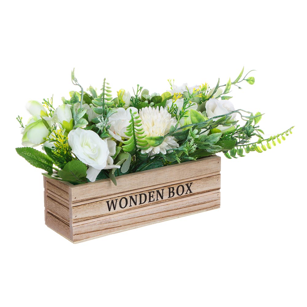 LADECOR Цветочная композиция в деревянном кашпо, 4 цвета, 20х16 см, арт.№ 501-496