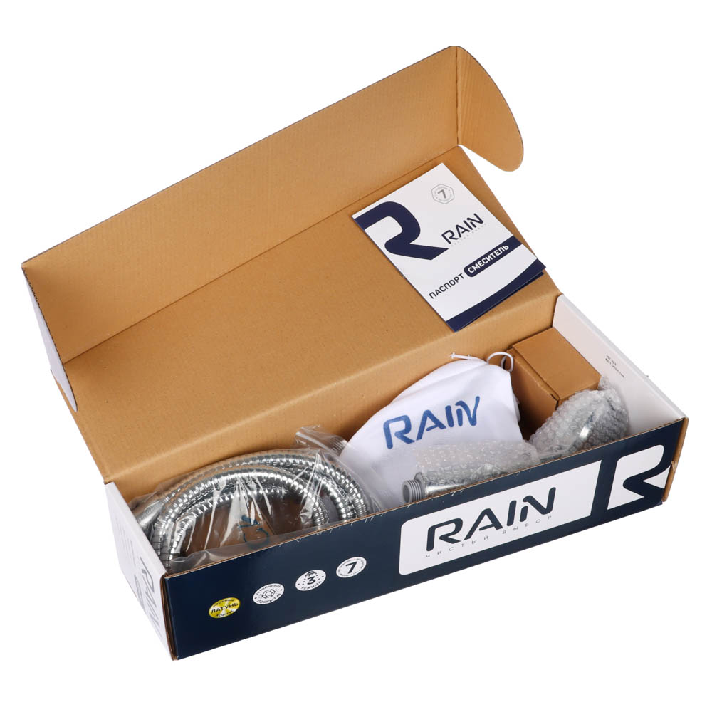 RAIN Смеситель для ванны Коралл, плоский излив 40см, душ. набор, картридж 40мм, латунь, хром, арт.№ 561-263