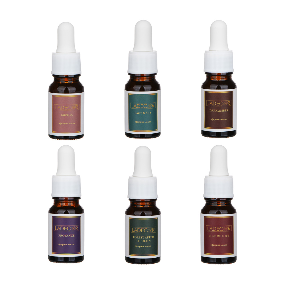 LADECOR Аромамасло 10мл, 6 парфюм.ар(Sage&sea/Forestaftertherain/Provance/Roseoflove/Sophia/Amber), арт.№ 406-160