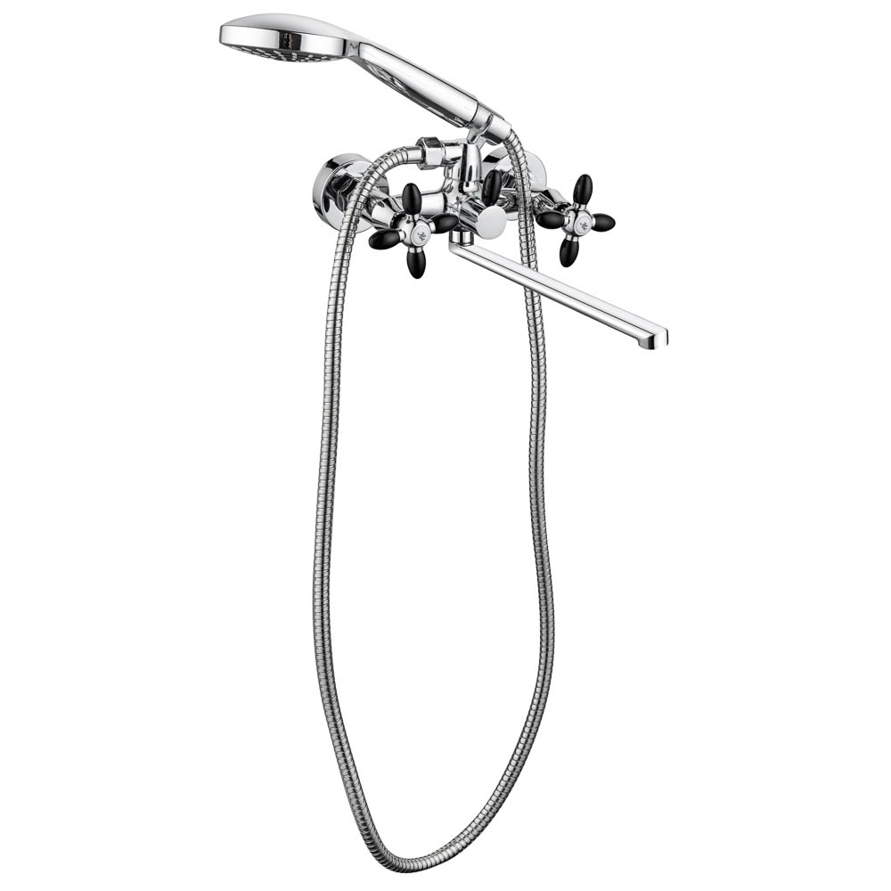 СоюзКран Смеситель для ванны с душем, прямой излив 30см, кер. кр-б. 1/2, цинк, хром/черный SK08-P243, арт.№ 567-170