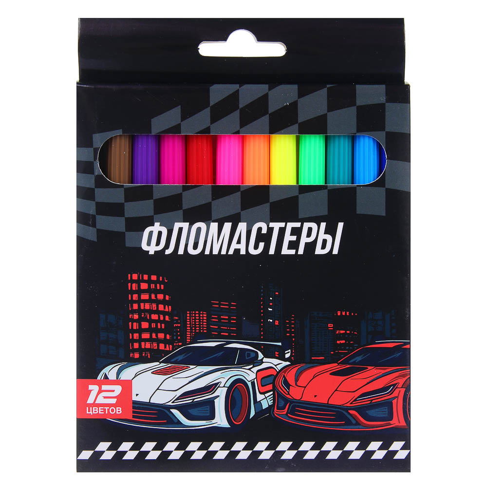 Фломастеры 12 цветов, "Футбол/Рэйсинг Тим", смываемые, цветной вентил. колпачок, цветная коробка, арт.№ 524-292