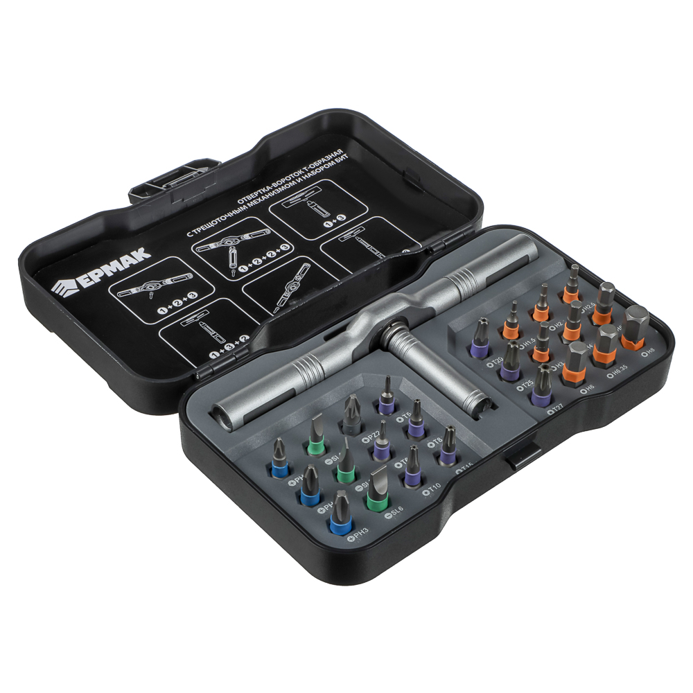 Отвертка-вороток тм ЕРМАК, Т-образная с трещоточным механизмом и набором бит (24шт), арт.№ 651-268