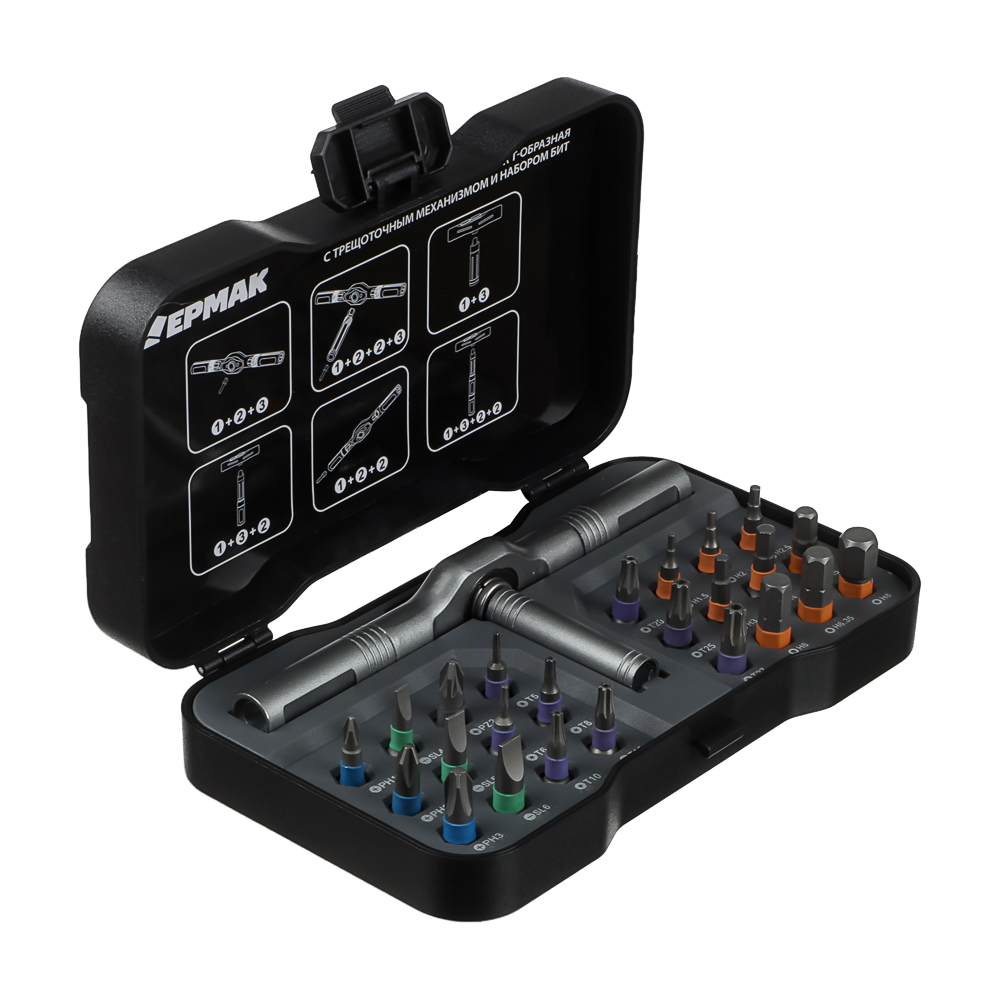 Отвертка-вороток тм ЕРМАК, Т-образная с трещоточным механизмом и набором бит (24шт), арт.№ 651-268