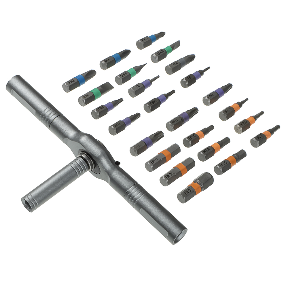 Отвертка-вороток тм ЕРМАК, Т-образная с трещоточным механизмом и набором бит (24шт), арт.№ 651-268