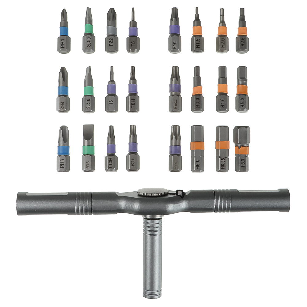 Отвертка-вороток тм ЕРМАК, Т-образная с трещоточным механизмом и набором бит (24шт), арт.№ 651-268